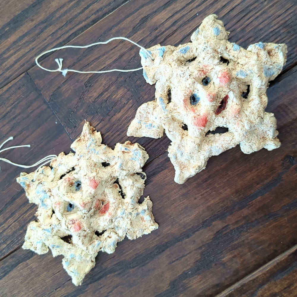 Primitive Artist-Made Folk Art Snowflake Faces, set of 2